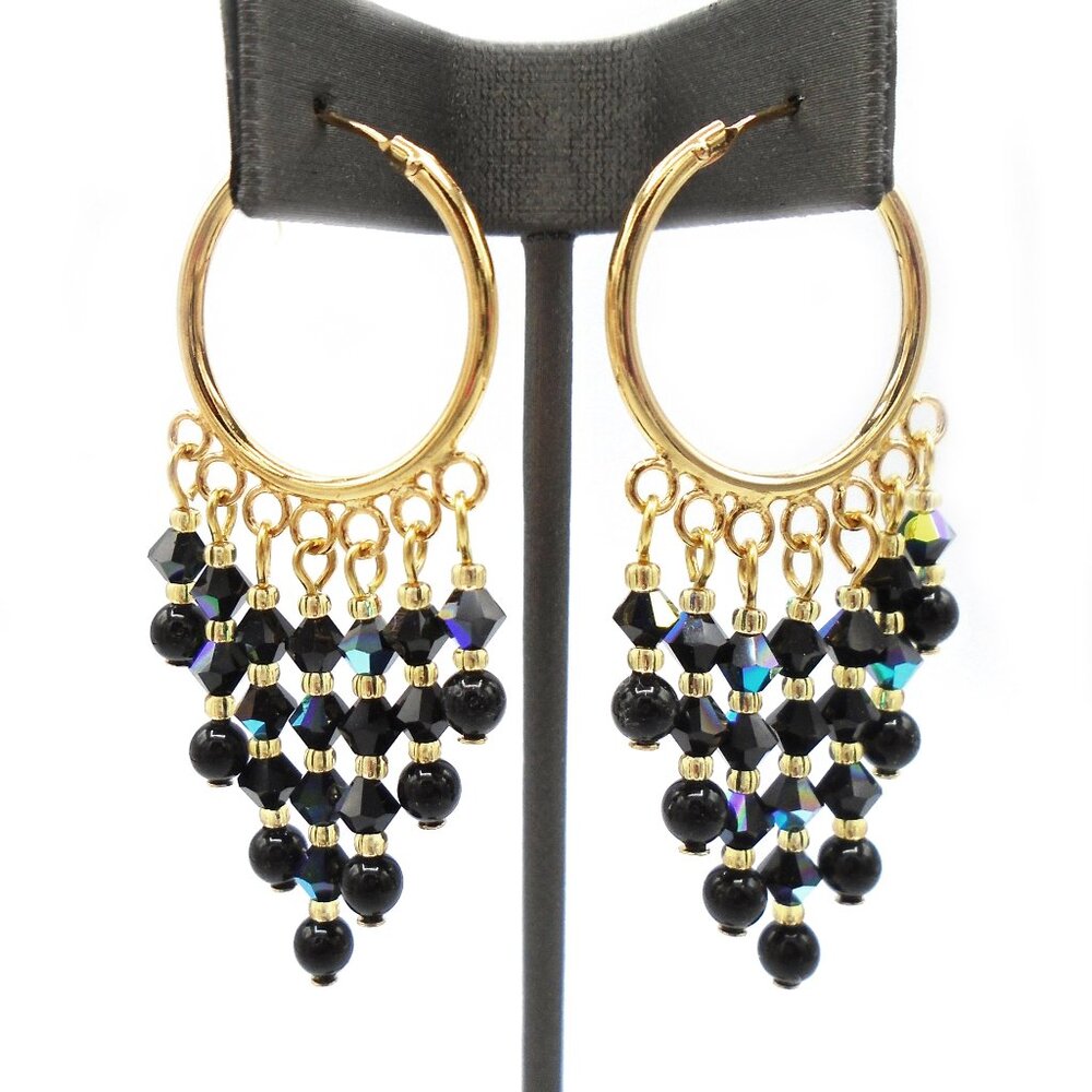 NWT ~ BLACK AUSTRIAN CRYSTALS and Crystal Pearls Hoop Chandelier Earrings